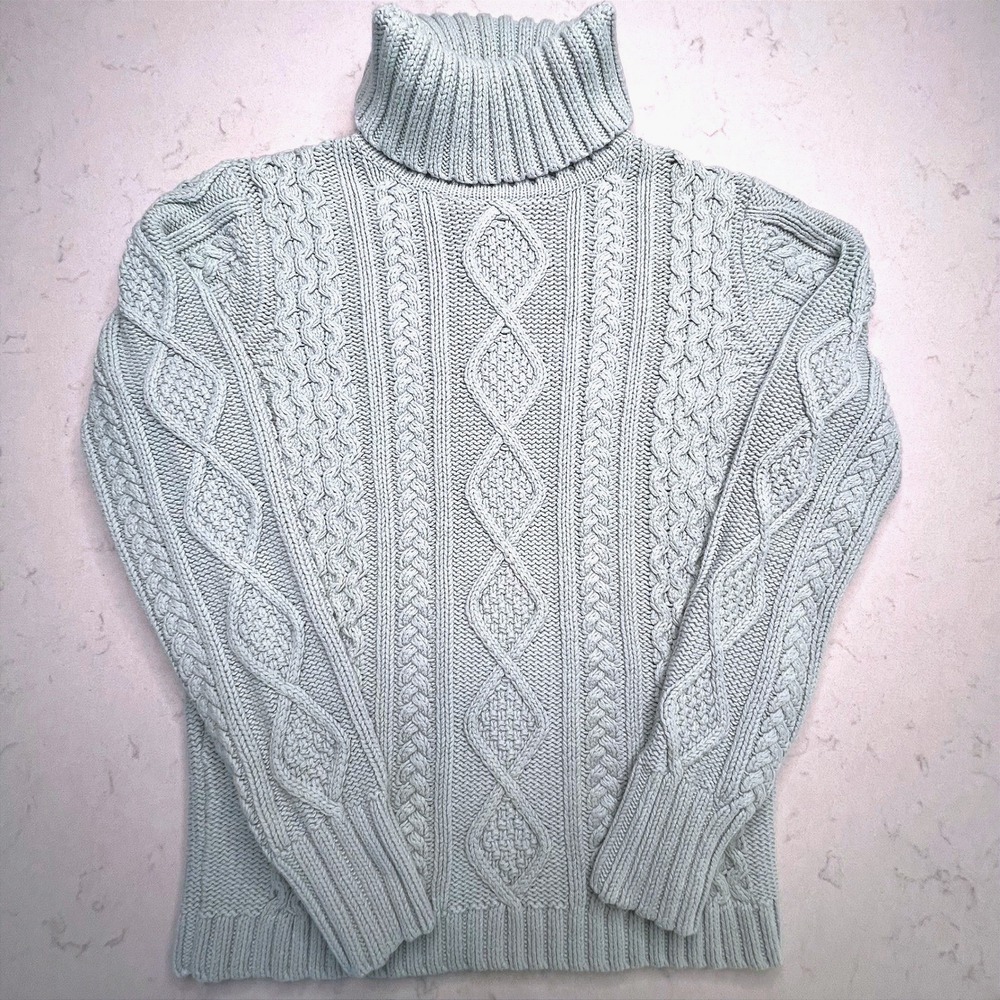 Eddie Bauer Fisherman Cable Knit Turtleneck Sweater M Pastel Blue Cotton Blend
